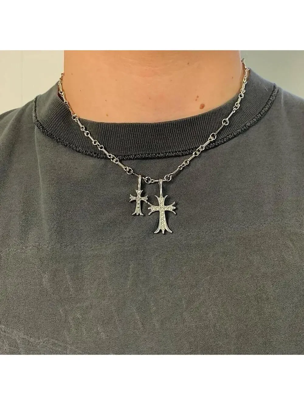 Double Cross Silver Necklace. Rhinestone Cross. 19.5 inches length. Is